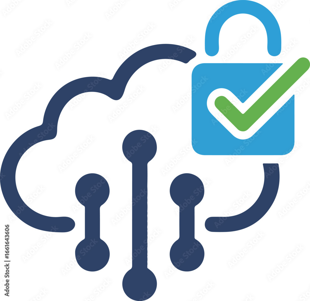 Poster cloud security with a lock and check mark, representing data protection and cybersecurity