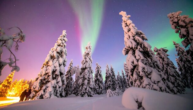 Aurora lights snowy woods - Powered by Adobe