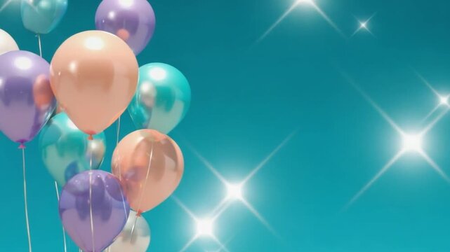 Colorful balloons floating against a bright turquoise background with sparkling light reflections
