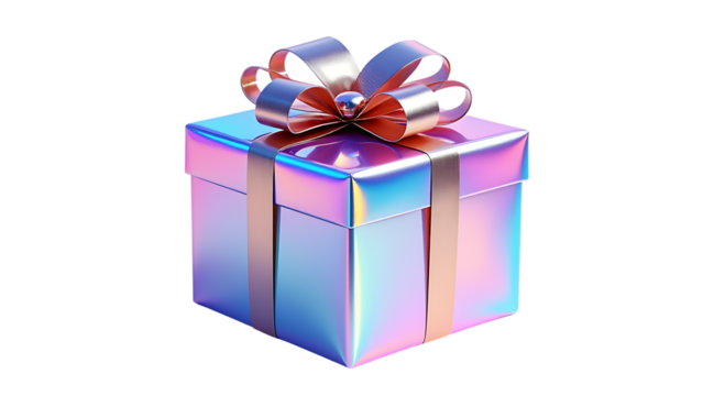 Shiny iridescent gift box tied with a festive bow perfect for celebrations and special occasions