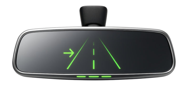 Rearview mirror with augmented reality overlays for lane guidance