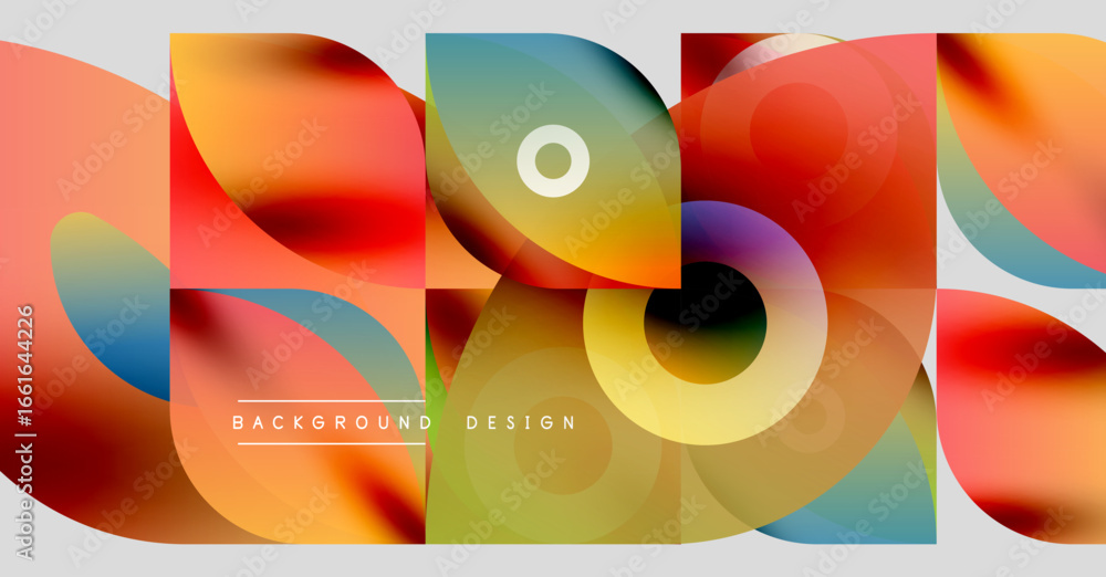 Poster abstract colorful shapes overlap creating dynamic visual effect. gradient hues blend, forming modern