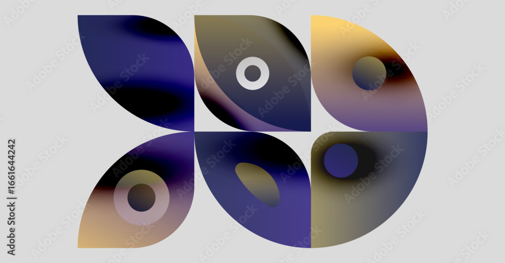 Poster abstract shapes overlap, creating colorful design. gradient hues blend, forming modern visual compos