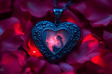 Heart Locket Photo Surrounded by Red Petals A Romantic Keepsake