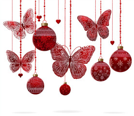 A festive arrangement of red butterflies christmas ornaments and beaded strings on a white background