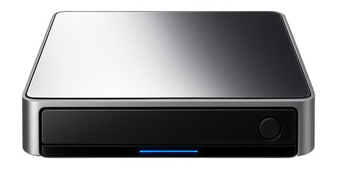 External DVD writer with a silver top panel and eject button on the front