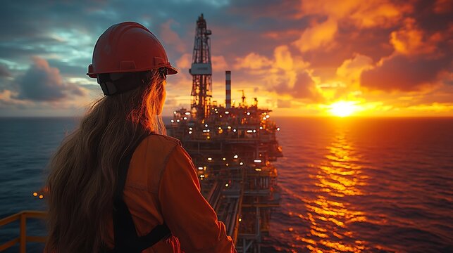 Oil rig worker sunset view