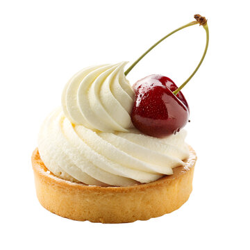 This sweet cherry tartlet features creamy whipped topping, an inviting dessert perfect for isolated use on a transparent background.