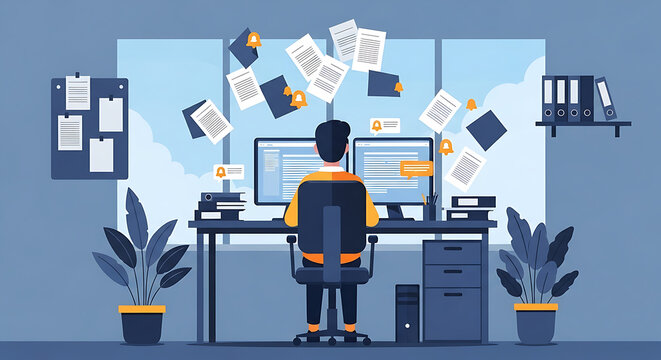 Overwhelmed Office Worker at a Desk with Flying Papers and Multiple Computer Screens image photo