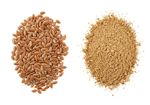 Flax seeds and meal high contrast studio shot of brown seeds and light brown powder