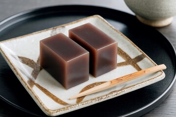 和菓子の羊羹を盛り付けた角皿