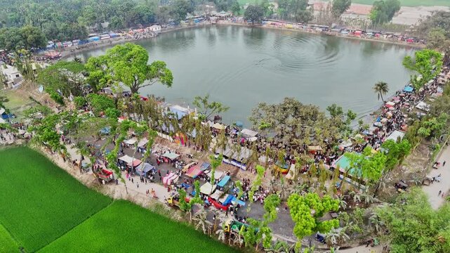 Aerial view of a village fair at bogra, bangladesh with many people