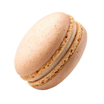 A single delicious beige macaron floats gracefully in a clean studio shot, perfectly isolated on a bright, transparent background ready for your design.