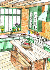 Colorful Hand-Drawn Rustic Kitchen Interior Sketch