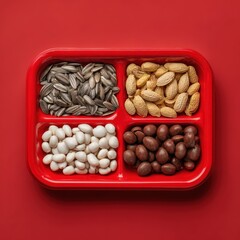 Colorful assortment of nuts and seeds in a divided red tray, featuring sunflower seeds, peanuts, white beans, and chocolate-covered treats, perfect for snacking or sharing