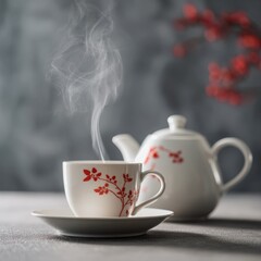 Fototapeta premium Elegant porcelain tea set featuring a steaming cup with floral design, placed on a textured surface, surrounded by soft lighting, creating a serene atmosphere for relaxation
