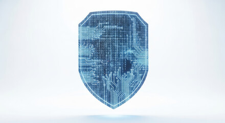 A digital shield with binary code and circuit board patterns against a white background