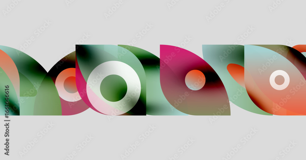 Poster abstract colorful shapes overlap, creating dynamic visual pattern. circles, curves, gradients domina