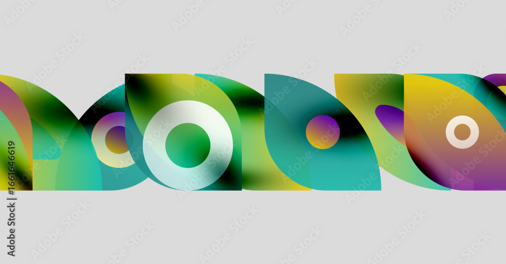 Poster abstract colorful shapes overlap, creating dynamic visual pattern. circles, curves, gradients define