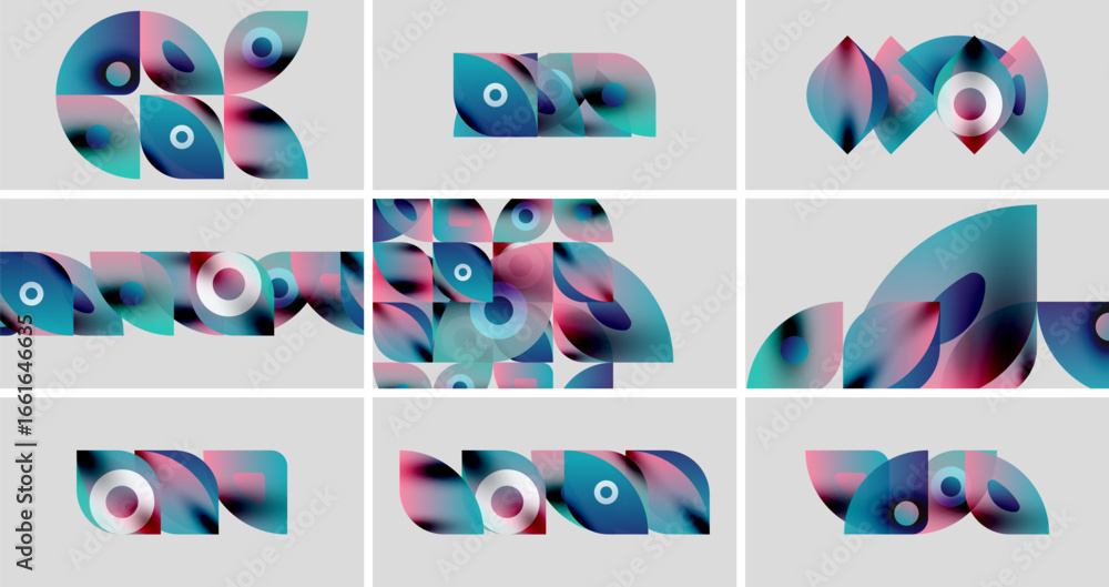 Poster abstract shapes, vibrant colors, geometric designs. multiple variations displayed within grid layout