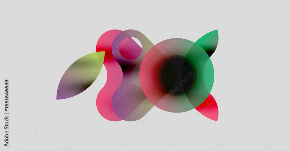 Poster abstract colorful shapes overlap, creating dynamic visual composition. soft gradients blend hues, fo