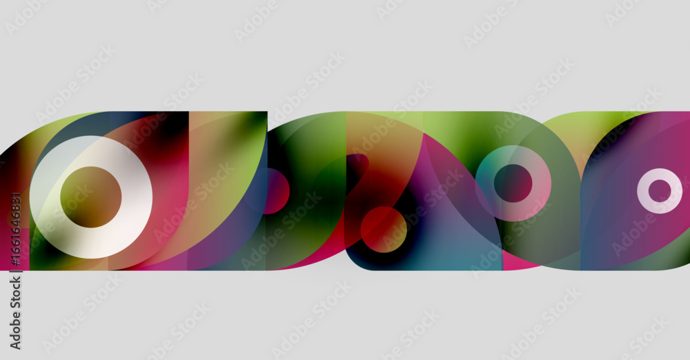 Poster abstract colorful shapes overlap, creating dynamic visual effect. circles, curves, gradients suggest