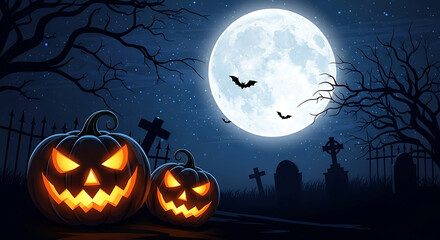 Fototapeta premium Spooky Halloween Night Scene with Jack-o- Lanterns, Full Moon, Bats and Graveyard image photo