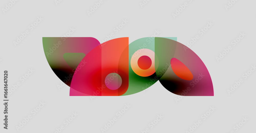 Poster abstract colorful shapes overlap, creating dynamic visual composition. soft gradients suggest moveme