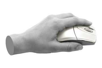 Hand holds a computer mouse, isolated on transparent background, technology concept. Contemporary art design
