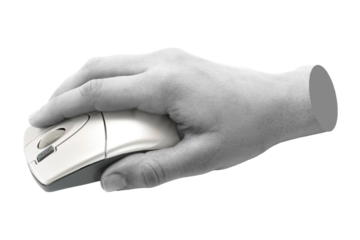 Hand holds a computer mouse, isolated on transparent background, technology concept. Contemporary art design