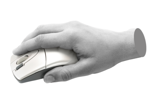 Hand holds a computer mouse, isolated on transparent background, technology concept. Contemporary art design