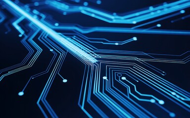 Abstract glowing blue circuit board lines with digital data flow