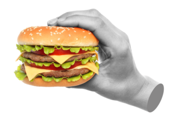 Hand holds big burger, isolated on transparent background, fast food concept. Contemporary art design