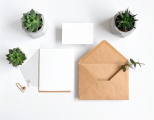 Flat lay of blank stationery, envelope, business card, succulents, and paper clips on a white surface.