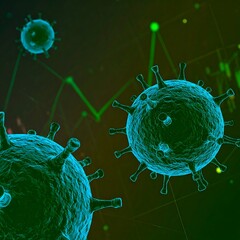 Close-up of stylized virus particles against a dark, abstract background with intersecting lines