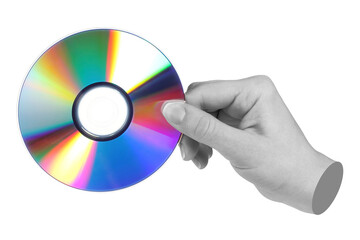 Hand holds cd compact disk, isolated on transparent background, retro teachnology concept. Contemporary art design