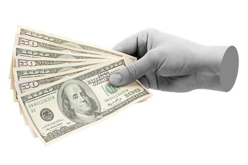 Hand holds US dollars cash bills, isolated on transparent background, business concept. Contemporary art design