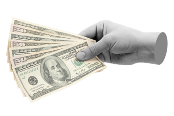 Hand holds US dollars cash bills, isolated on transparent background, business concept. Contemporary art design