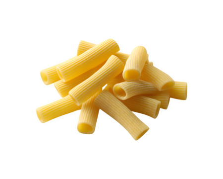 Uncooked Italian rigatoni pasta pieces arranged in a pile.
