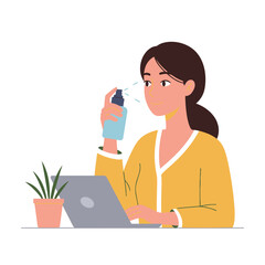 A young woman uses an eye spray or refreshing mist to alleviate dryness while working on her laptop, emphasizing digital eye strain and self-care.
