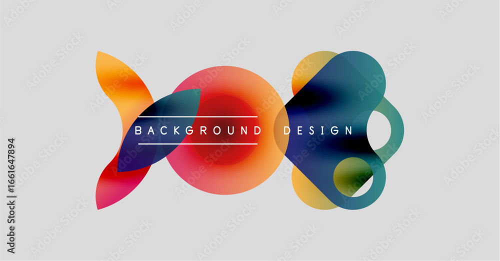 Poster abstract colorful shapes overlap, creating dynamic visual effect. text reads background design cente