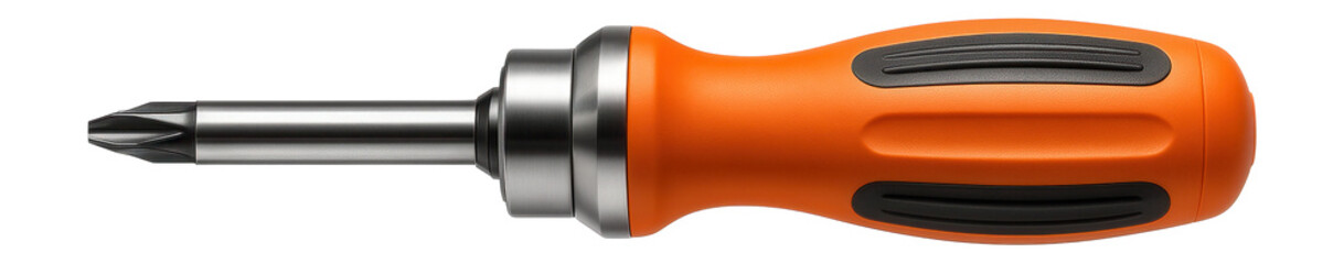 Ratcheting insulated screwdriver with a reversible blade, used in home electrical installations.