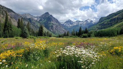 Beautiful Mountain Landscape with Colorful Wildflowers in Meadow