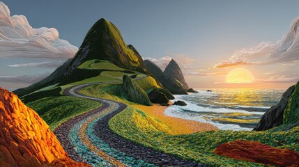 Scenic mountain road winding towards a beach at sunset