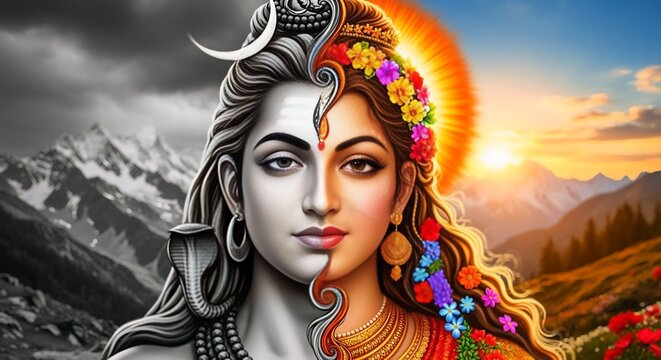 Ardhanarishvara divine union of shiva and parvati in majestic landscape