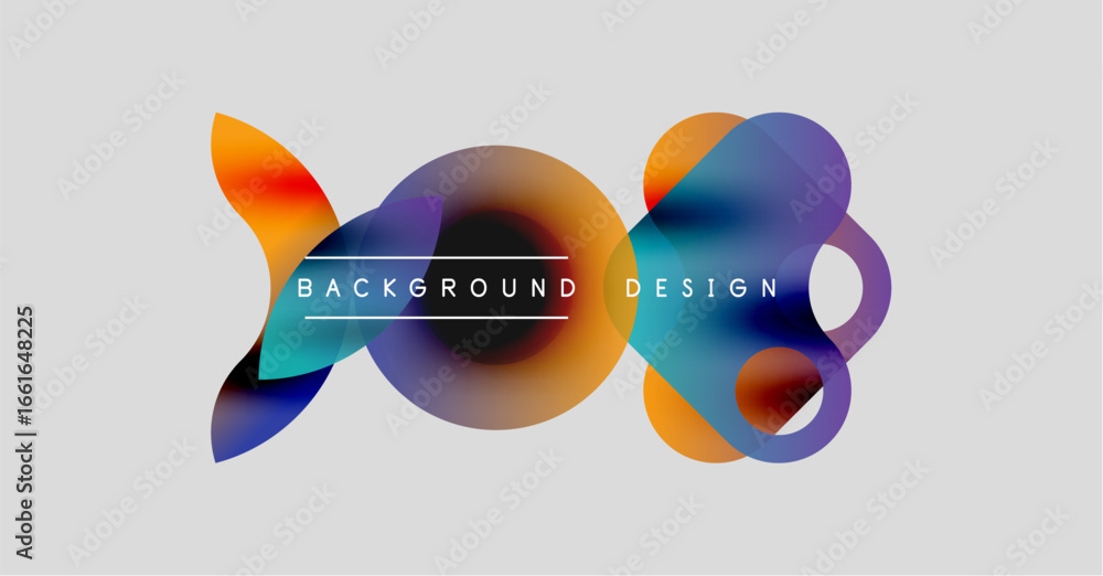 Poster abstract fluid shapes overlap, creating vibrant color gradients. text reads background design center