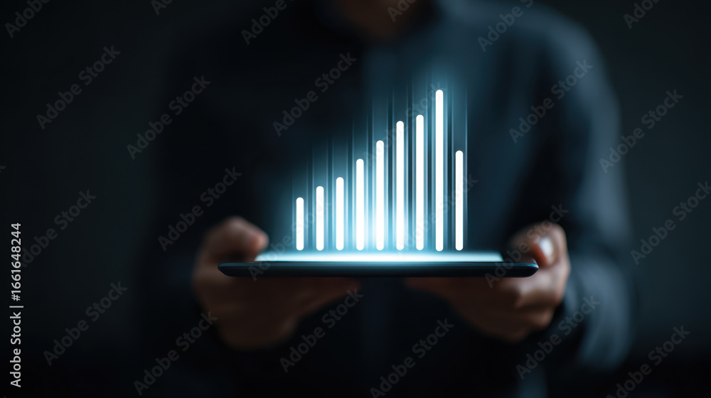 Poster person holds tablet displaying glowing bar graph, symbolizing growth and progress in data analysis. 