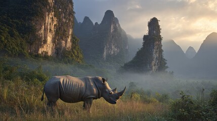 Rhinoceros in Asian landscape at sunrise