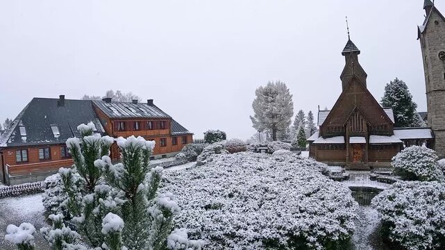 2024-11-2024; winter view wang stave church. Karpacz, Karkonoski National Park, Poland