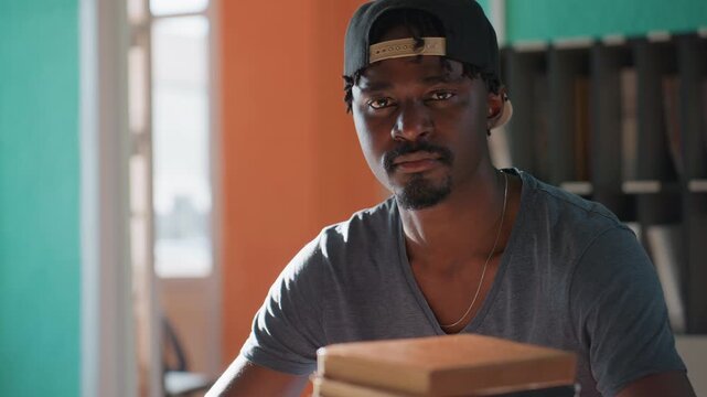 Profile view of man turning with glance, wearing cap backward in library, teal and orange walls soft light on face, faint stack of books in foreground thoughtful mood and slight tilt